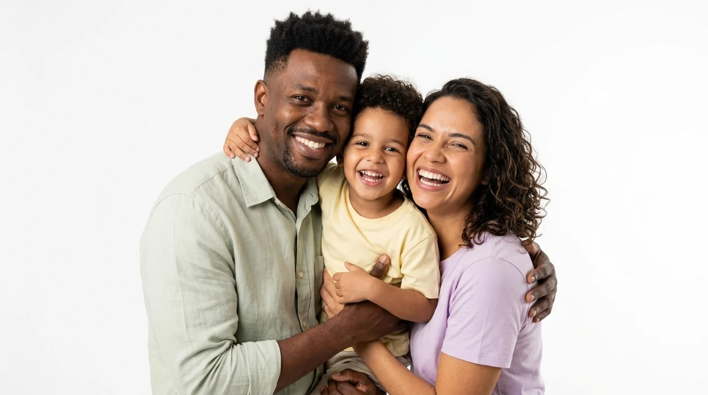 Família sorridente com pai, mãe e filho unidos e saudáveis